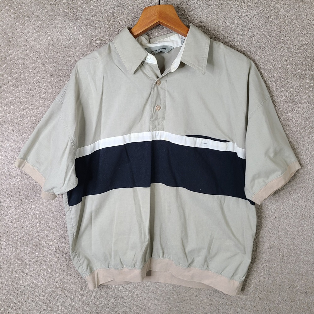 David Taylor Shirt Mens XL Beige Colorblock Banded Bottom Polo Cotton Blend